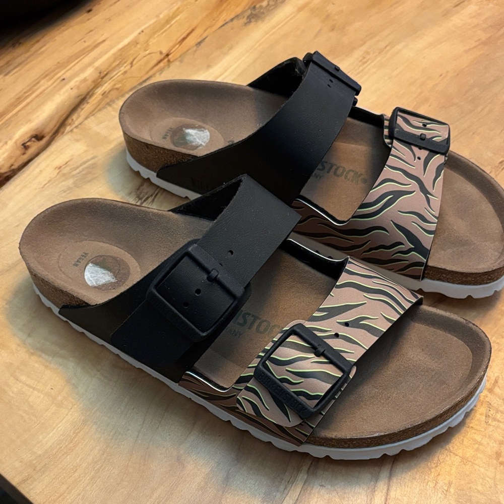 Birkenstock Black and Tan Zebra-Print Arizona Sandals with White Sole